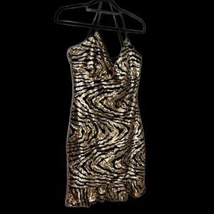 Bebe Black with Swirling Gold Sequins Spaghetti Strap Evening Dress S